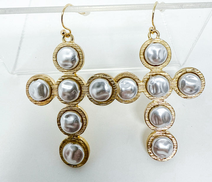 Gold Cross Pearl Earrings