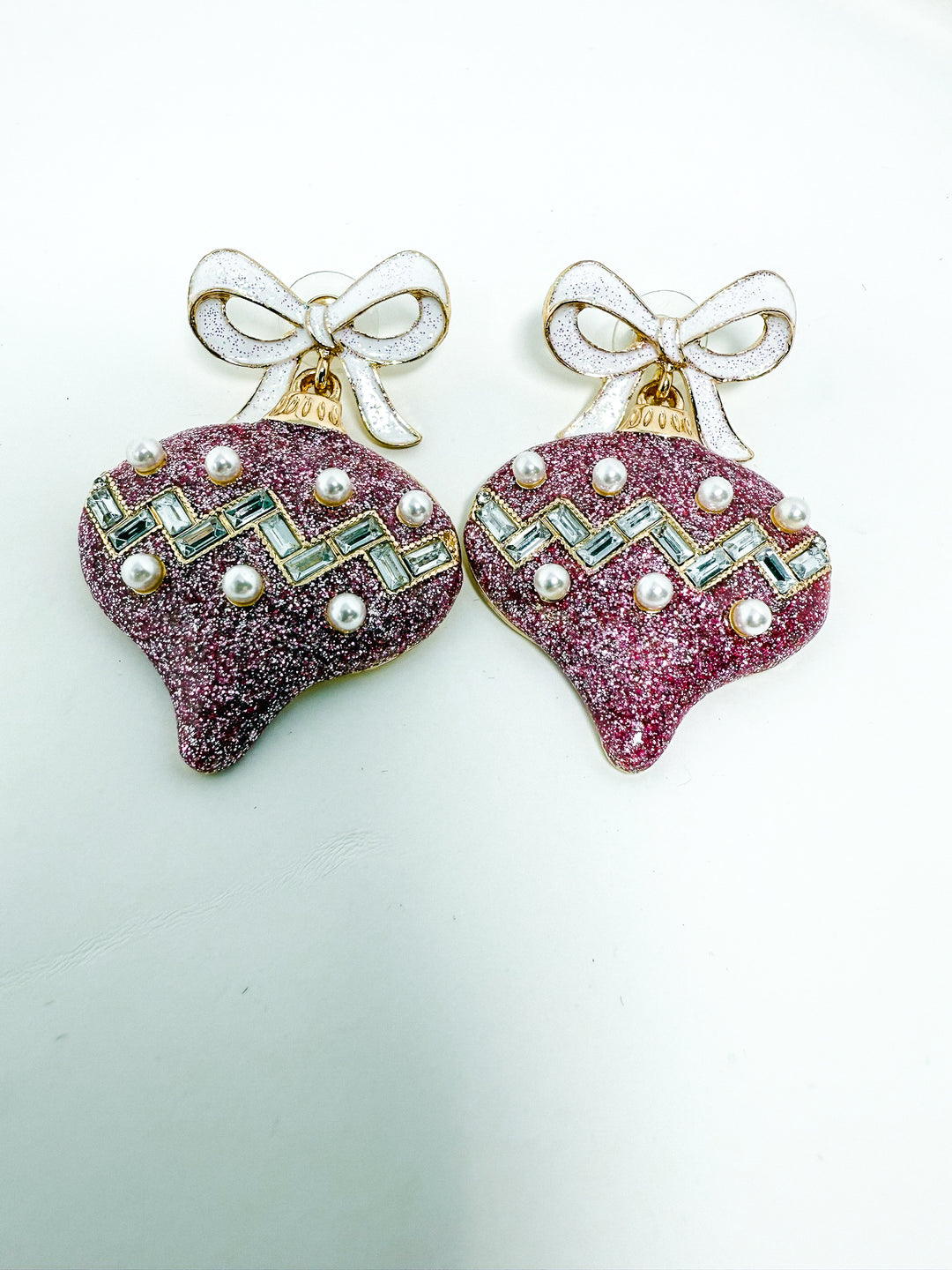 Christmas Pink Ornament Earring with Bow