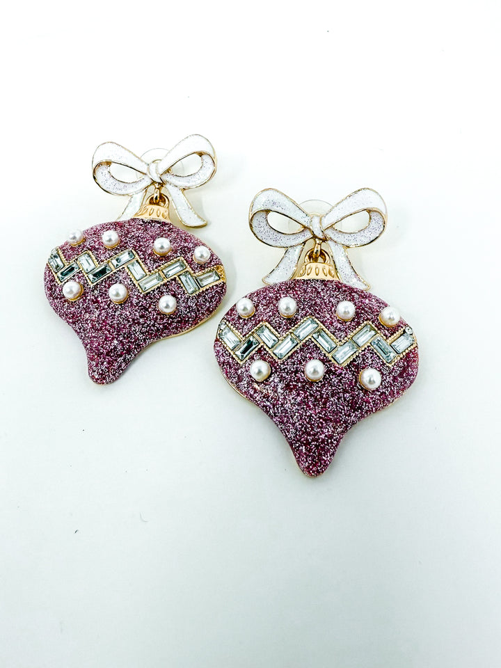 Christmas Pink Ornament Earring with Bow