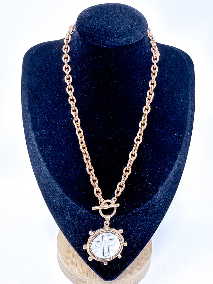 Gold Necklace with Stamped Cross Coin