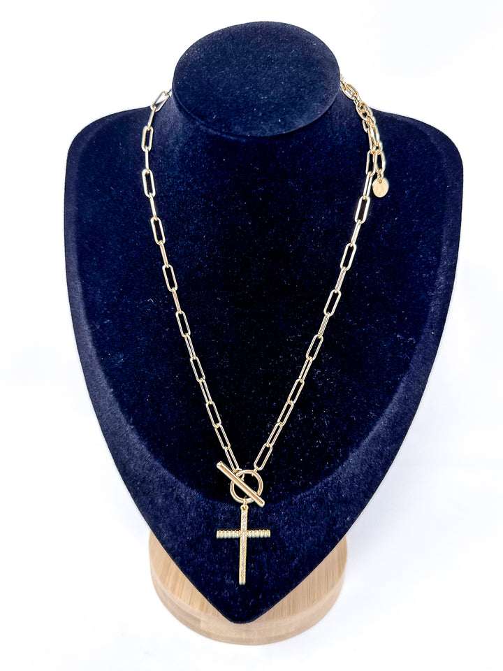 Gold Open Link Necklace with Rhinestone Cross