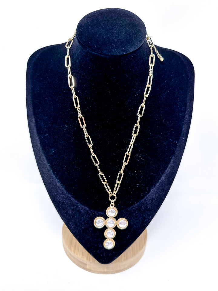 Gold Textured Necklace with Pearl Cross