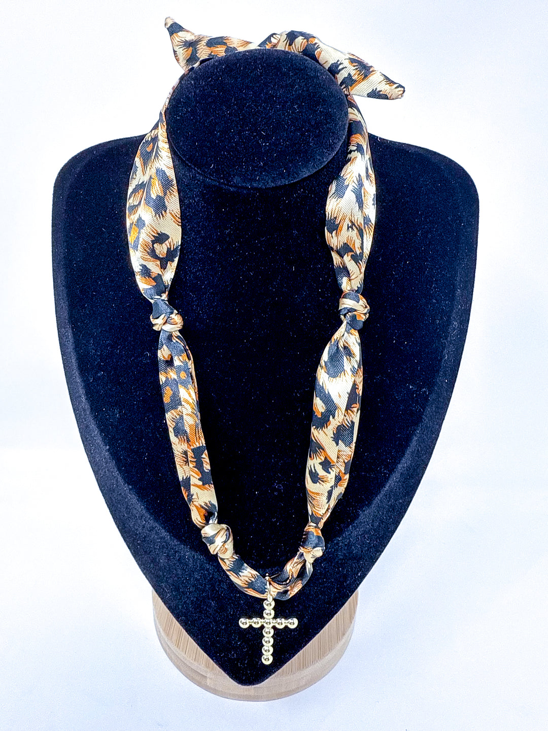 Cheetah Knotted Scarf Necklace with Cross