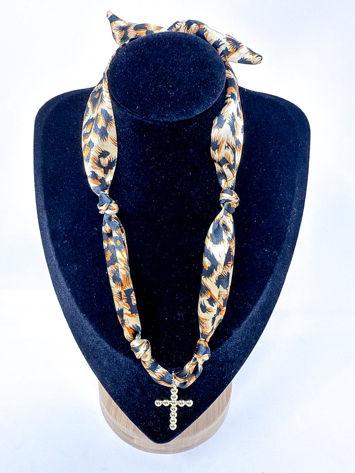 Cheetah Knotted Scarf Necklace with Cross