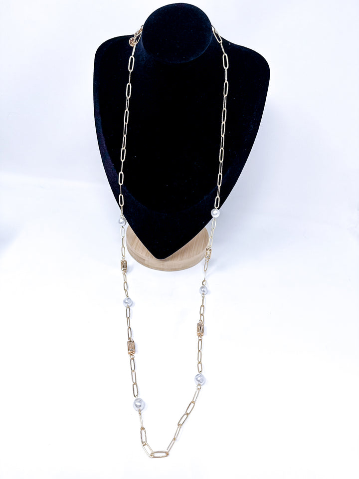 Gold Textured Necklace with Pearl Clear Stones