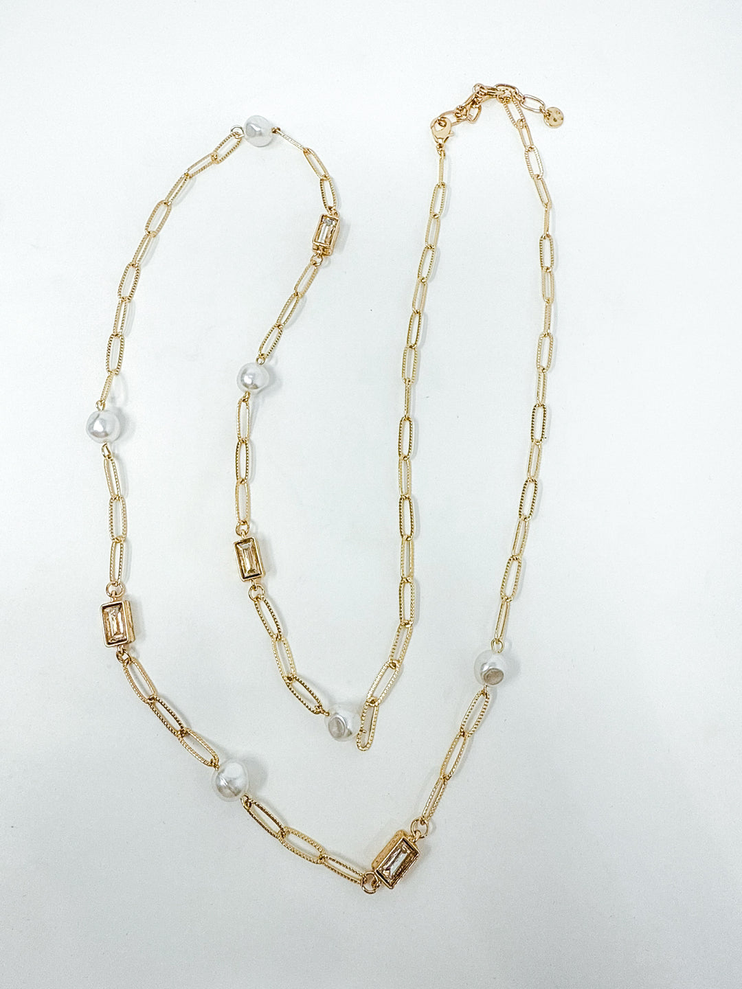 Gold Textured Necklace with Pearl Clear Stones