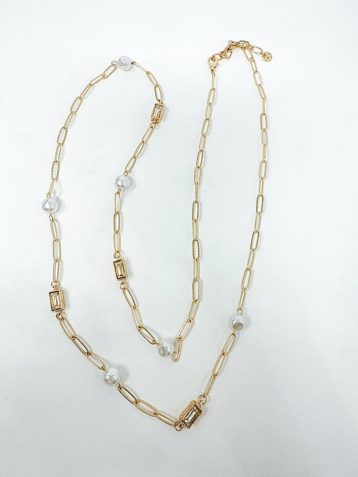 Gold Textured Necklace with Pearl Clear Stones