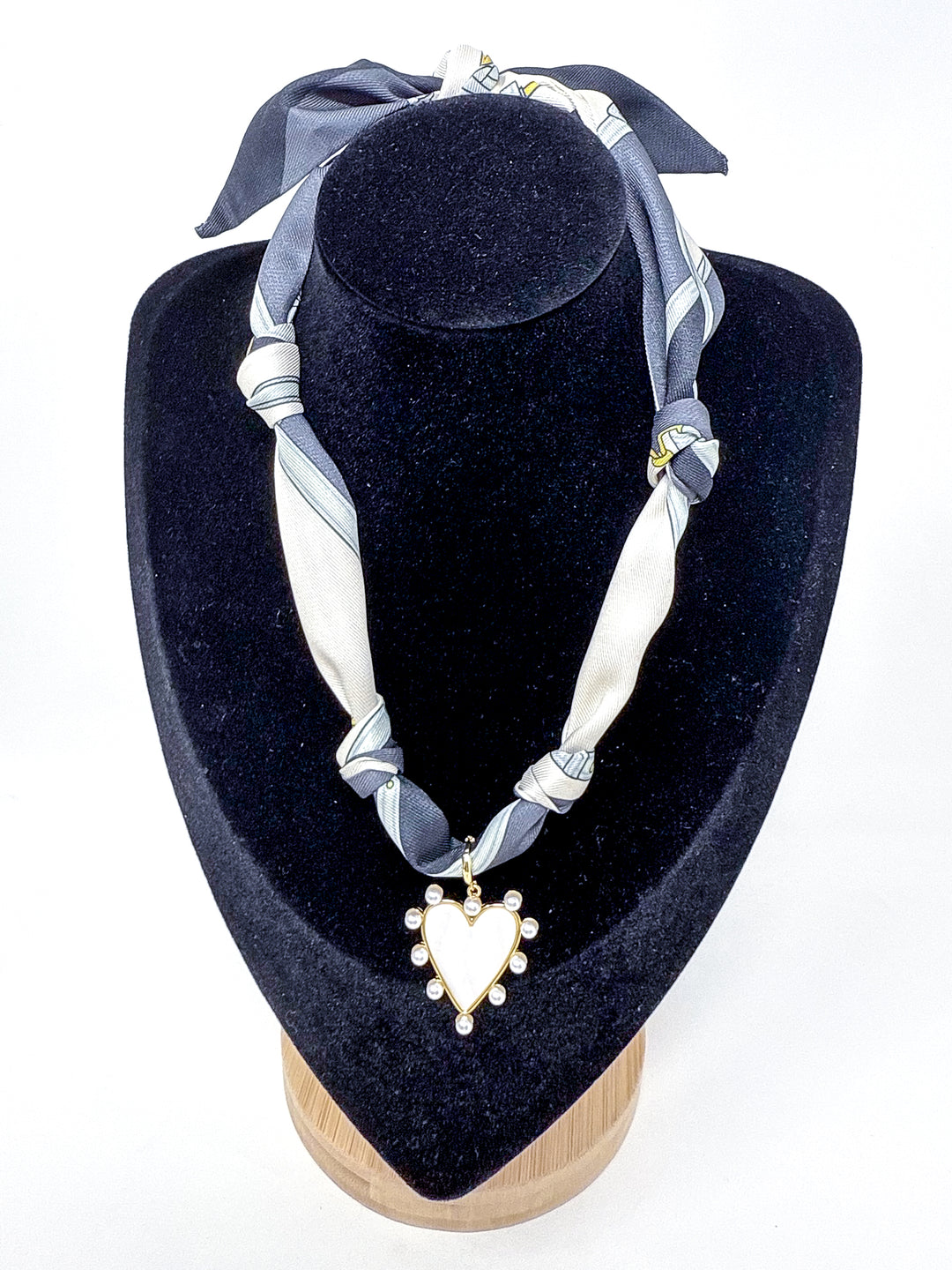 Black & White Knotted Scarf Necklace with Pearlized Heart