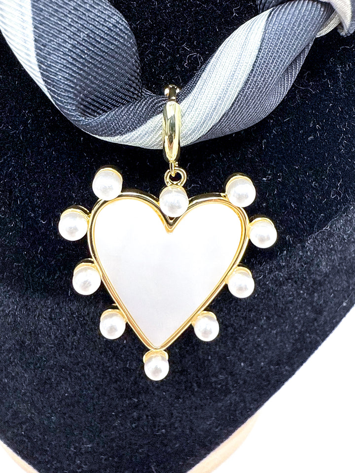 Black & White Knotted Scarf Necklace with Pearlized Heart