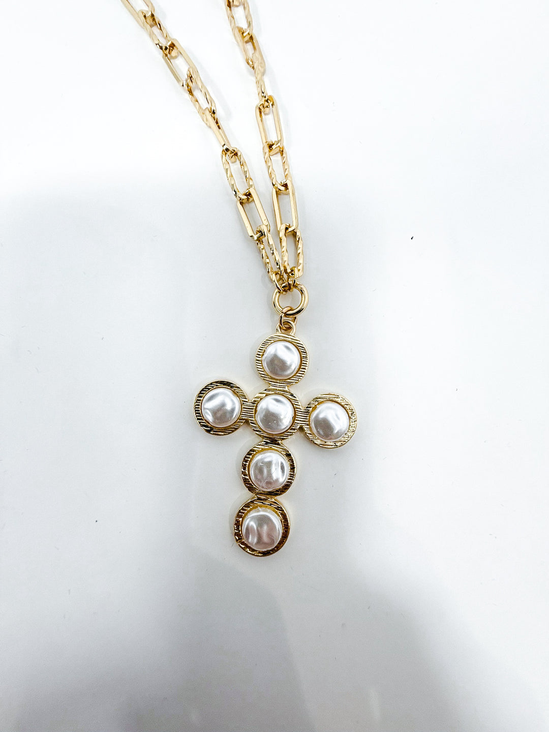 Gold Textured Necklace with Pearl Cross