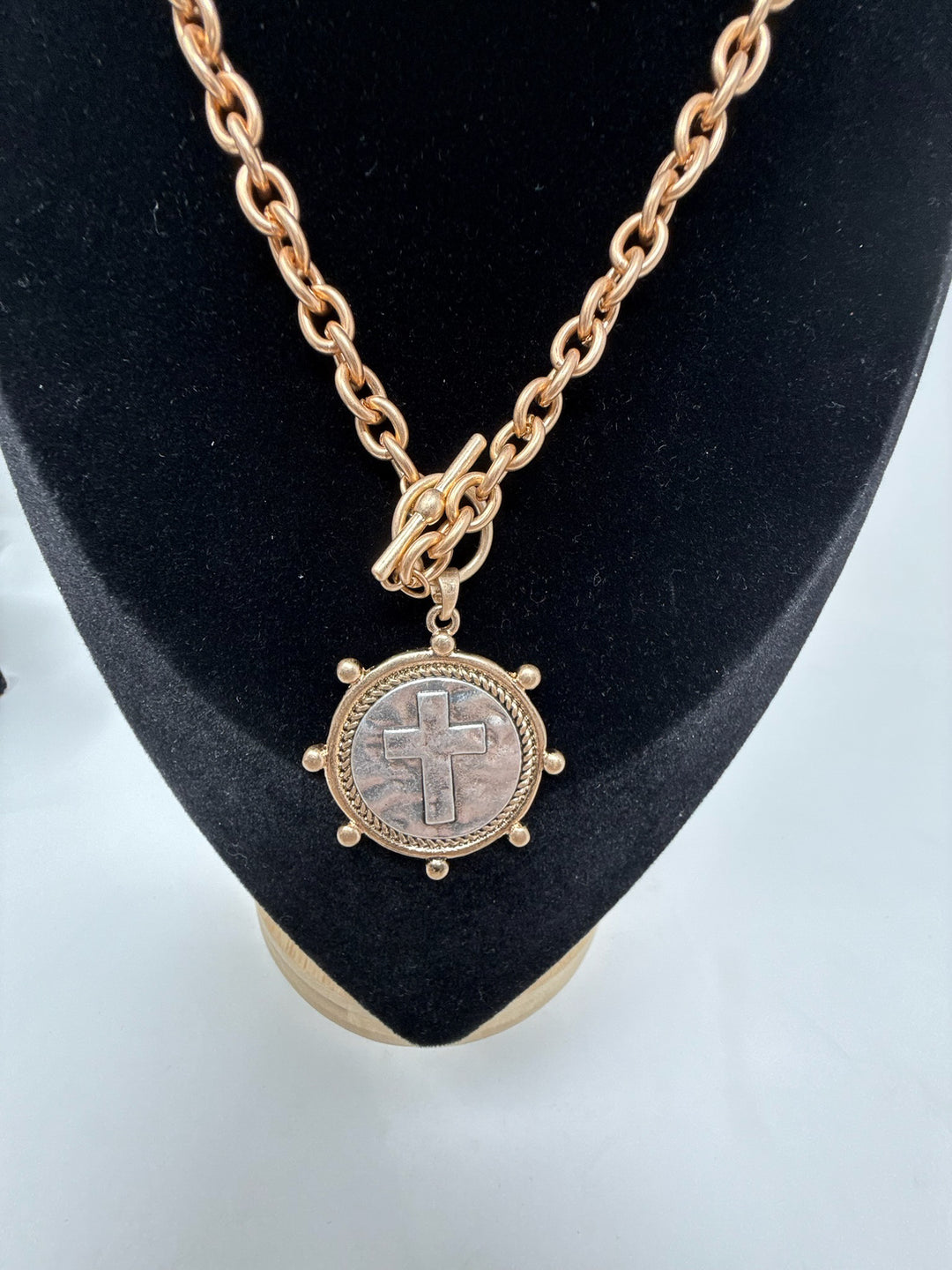 Gold Necklace with Stamped Cross Coin