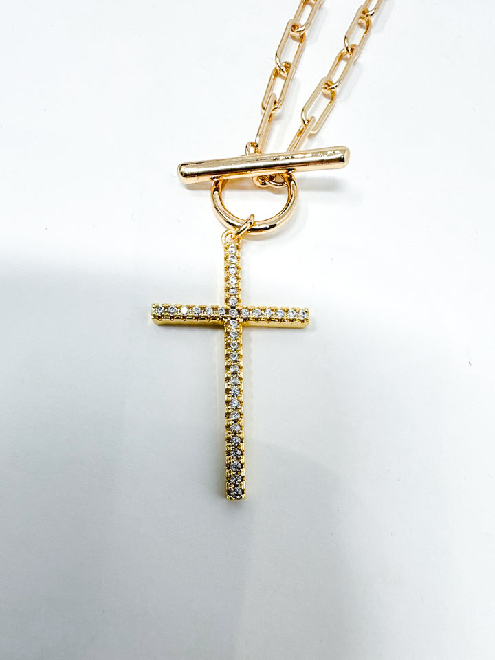 Gold Open Link Necklace with Rhinestone Cross