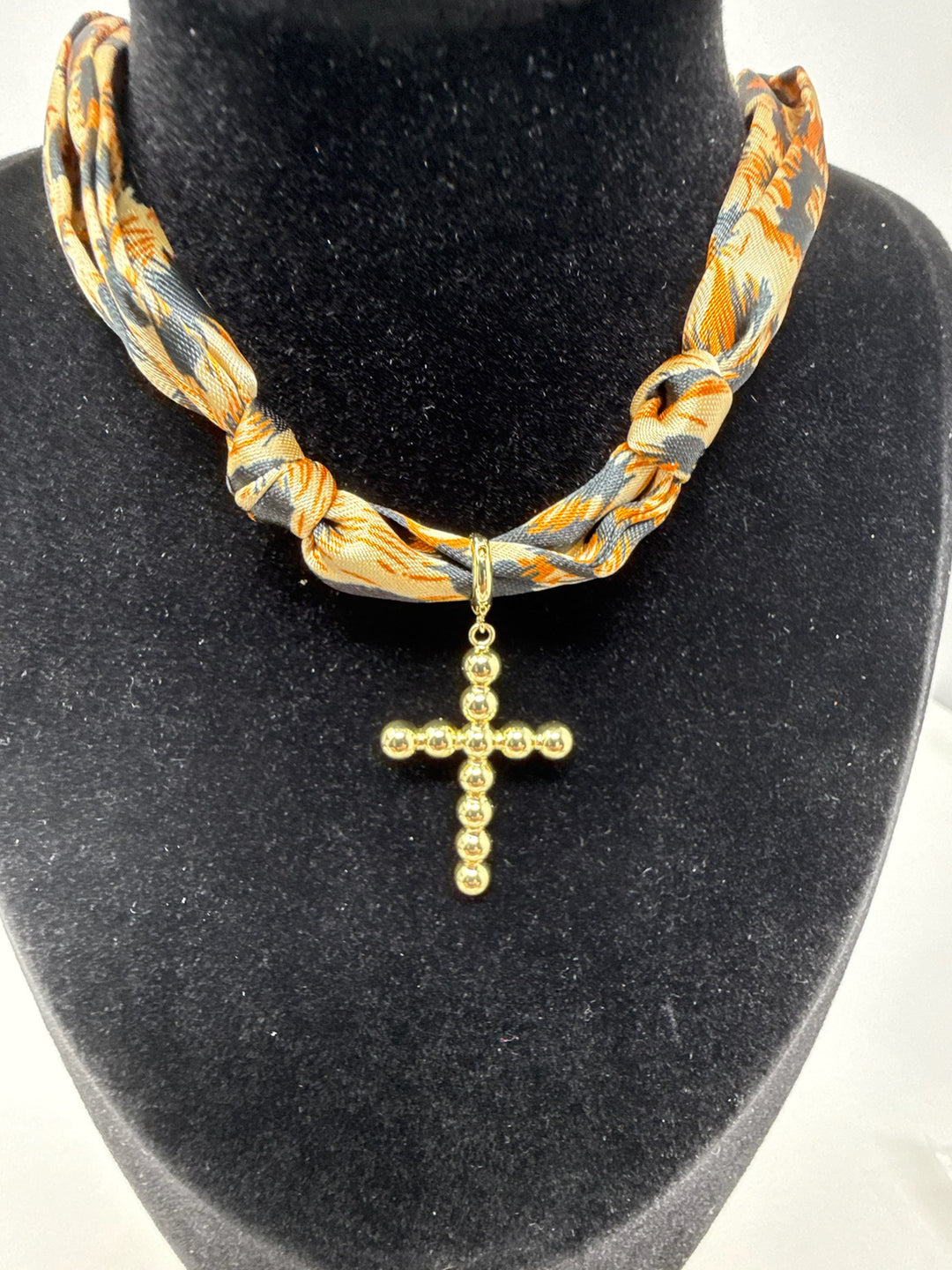 Cheetah Knotted Scarf Necklace with Cross