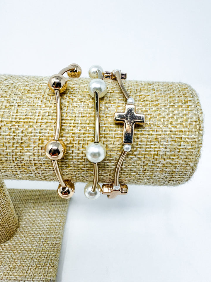 Bead & Pearl Stretch Bracelet with Crosses