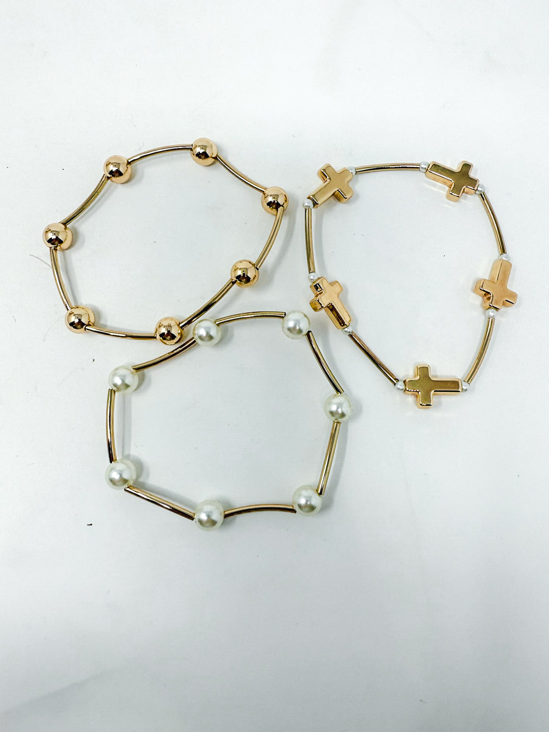 Bead & Pearl Stretch Bracelet with Crosses