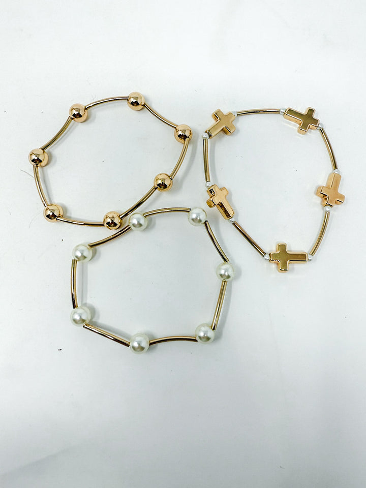 Bead & Pearl Stretch Bracelet with Crosses