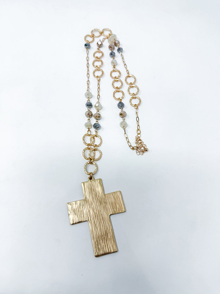 Beaded Long Necklace with Hammered Cross