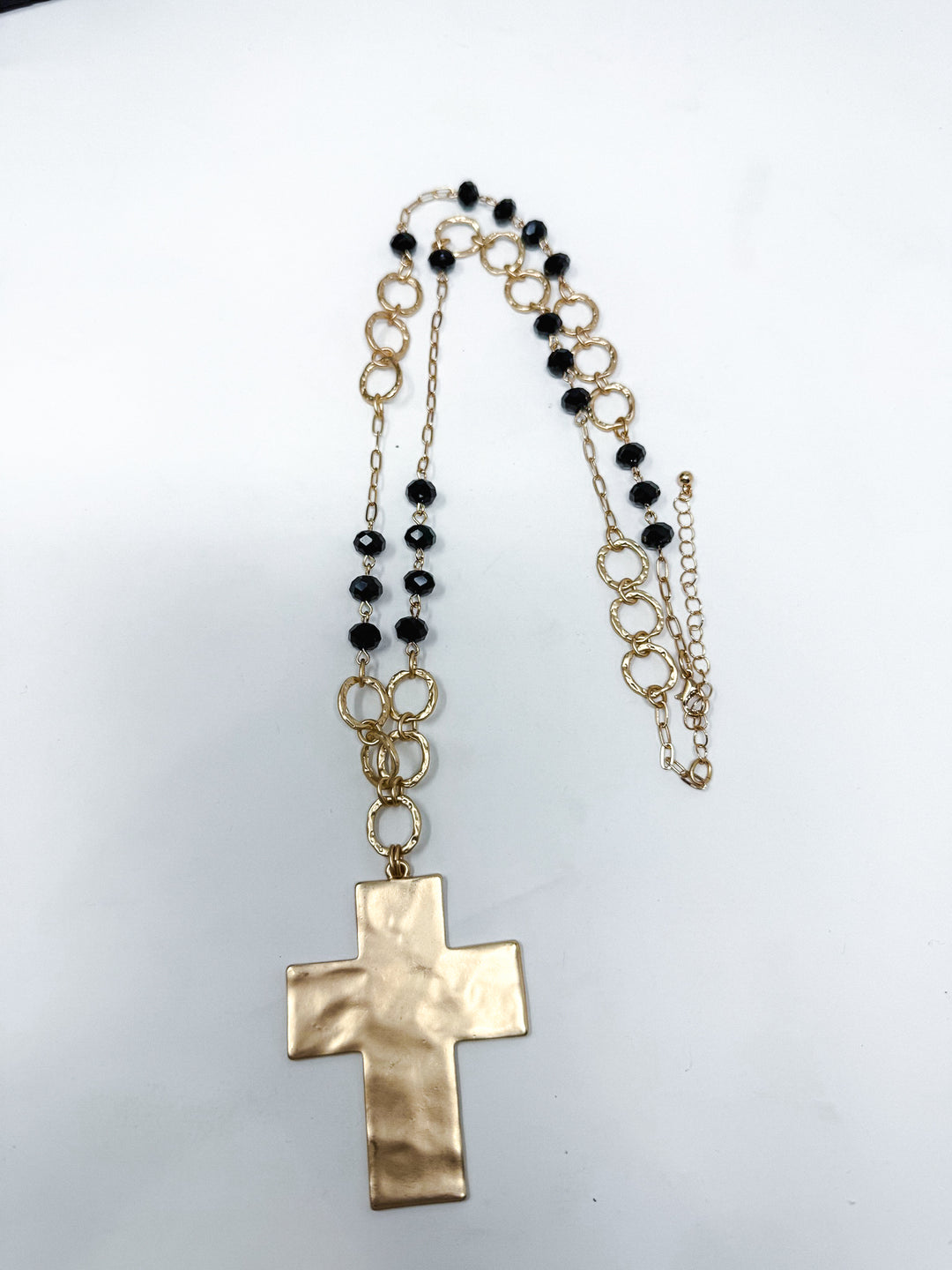 Beaded Long Necklace with Hammered Cross