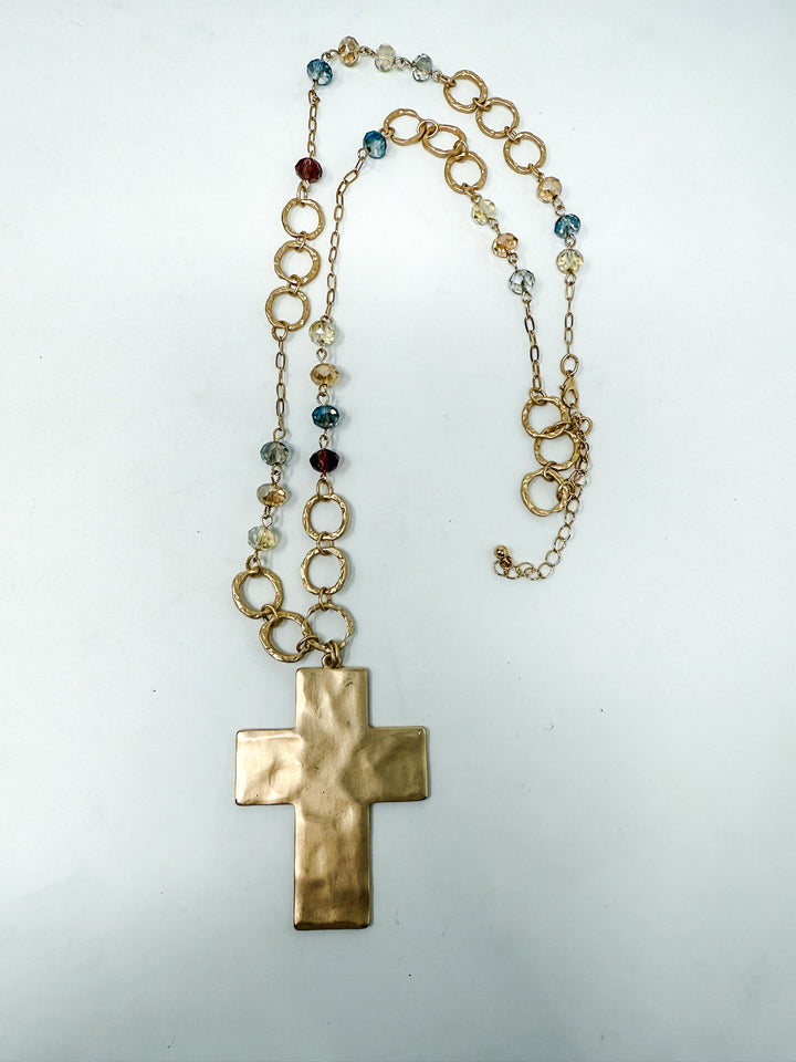 Beaded Long Necklace with Hammered Cross