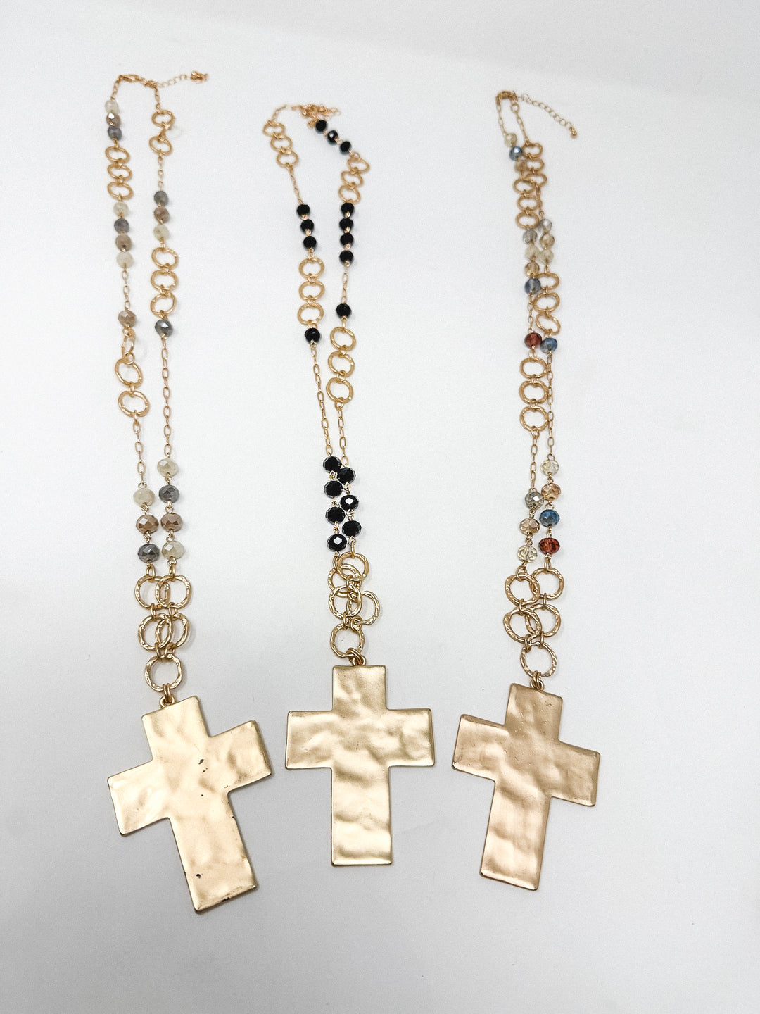 Beaded Long Necklace with Hammered Cross