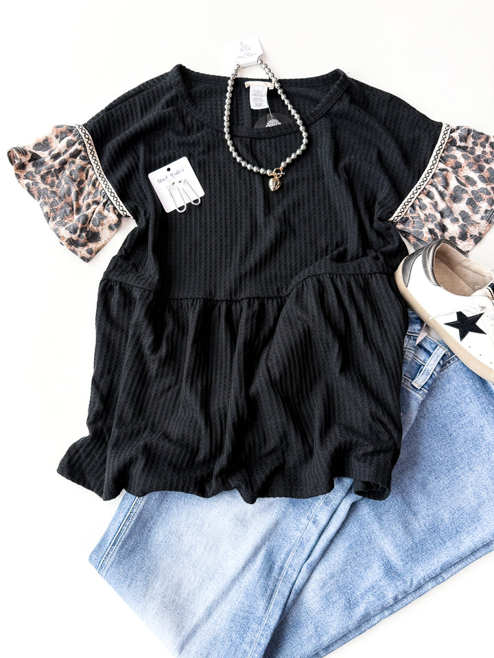 Leopard Trim Babydoll Top
