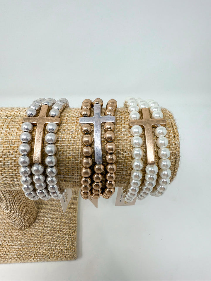 Beaded with Cross Stretch Bracelet Set