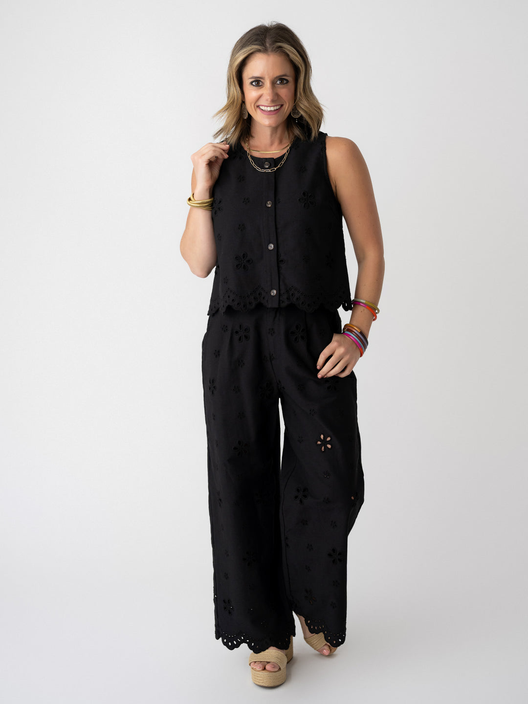 Black Beauty Eyelet Wide Leg Pant