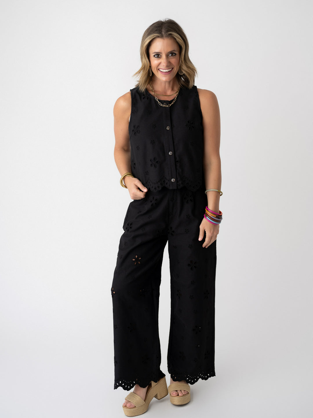 Black Beauty Eyelet Button Up Top