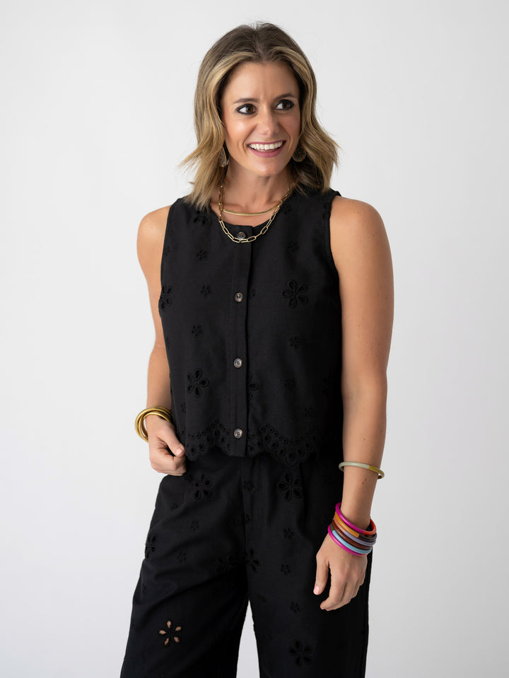 Black Beauty Eyelet Button Up Top