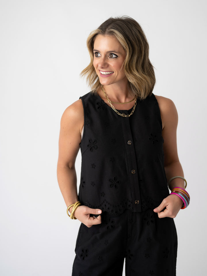 Black Beauty Eyelet Button Up Top