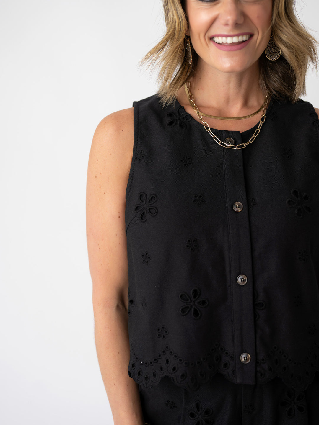 Black Beauty Eyelet Button Up Top