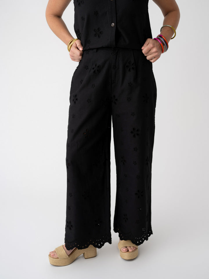 Black Beauty Eyelet Wide Leg Pant